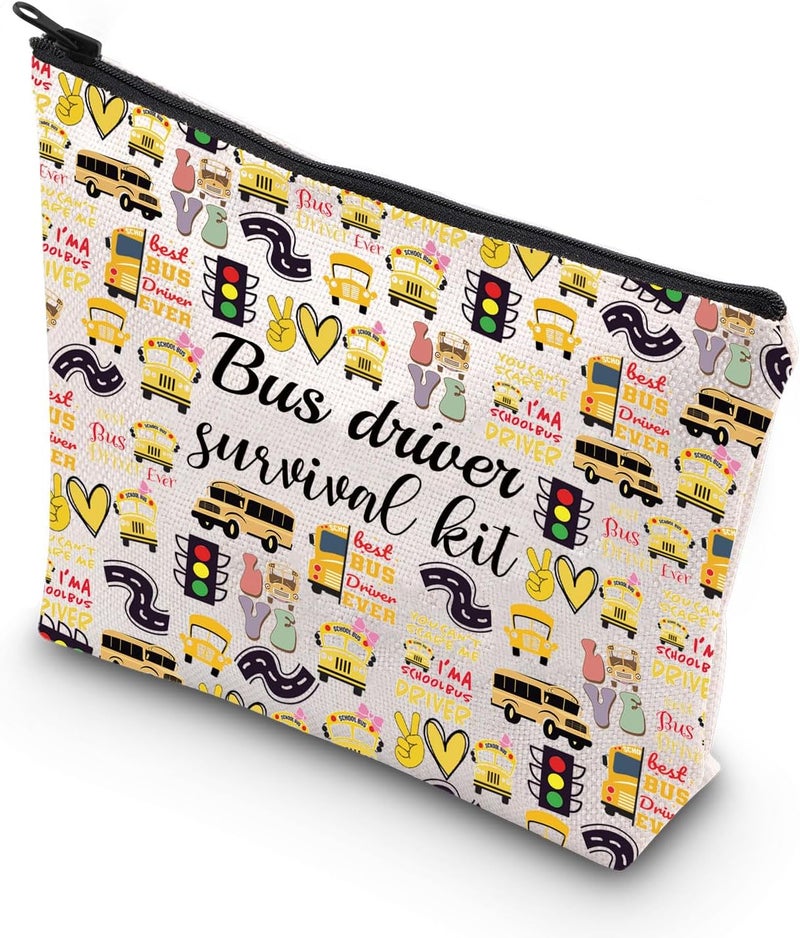 WCGXKO School Bus Driver Gift End Of Term School Bus Driver Gift School Bus Driver Survival Kit Cosmetics Bag (Bus Driver ever), Beige