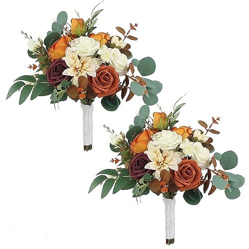 Rinlong Set of 2 Fall Wedding Bouquets for Bridesmaids Burnt Orange Terracotta Bridesmaid Bouquet Wedding Ceremony - Image 1