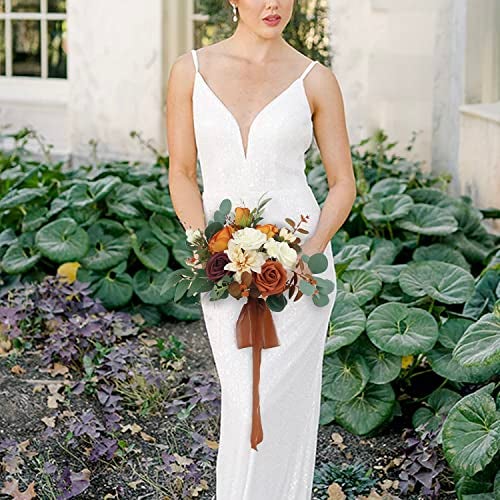 Rinlong Set of 2 Fall Wedding Bouquets for Bridesmaids Burnt Orange Terracotta Bridesmaid Bouquet Wedding Ceremony - Image 3