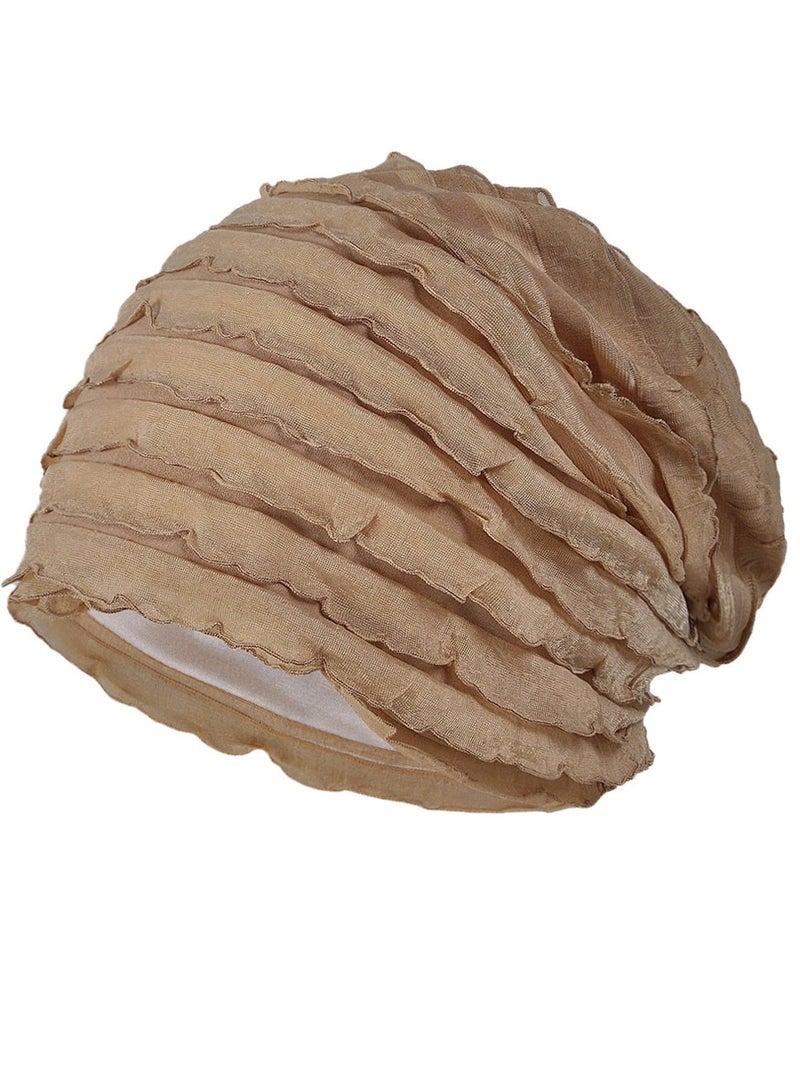 Loquat Infinity Scarf Headwear Cap Multi Layered Pleated Beanie Hat Khaki 