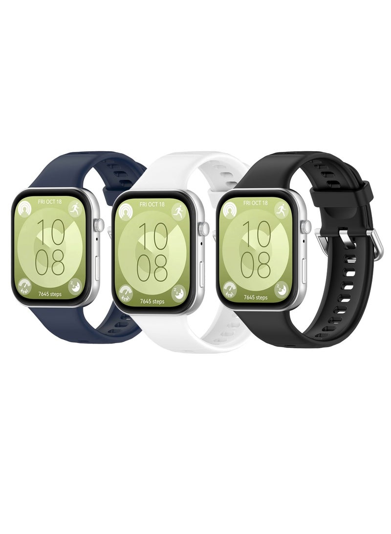 Three Piece Silicone Replacement Watch Bands for HUAWEI Watch Fit 3 Fit 4 and Fit 4 Pro in Black White and Blue - Image 1