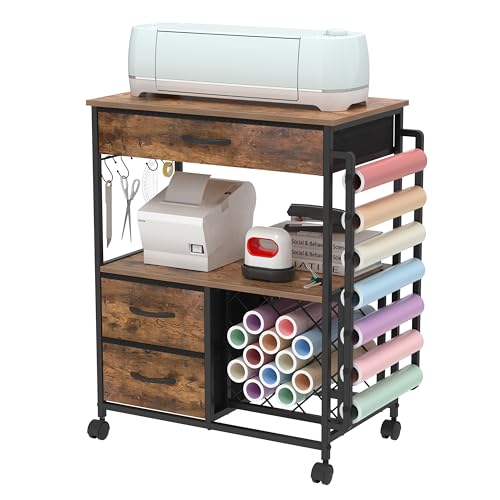 VENNQD Storage Cart Compatible with Cricut Machines Stand Cutting Machine Stand with Drawers and Vinyl Roll Holder Rolling Craft Cabinet Table for Cricut Craft Workstation (Rustic Brown) - Image 1