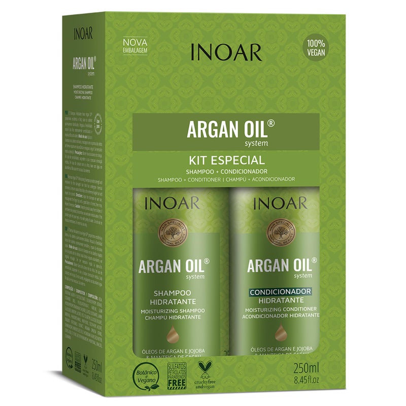 Inoar Argan Shampoo & Moisturizing Conditioner Haircare Set with Argan Oil & Cocoa Butter for Smoothing Repair, 2x250ml - Image 1