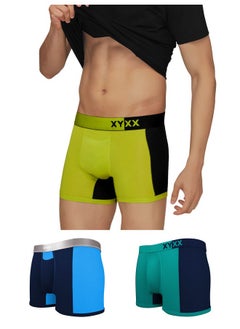 XYXX Men's Underwear Dualist IntelliSoft Antimicrobial Micro Modal Trunk Pack of 3 (Lime Punch & Black ; Navigate & Black Iris ; Black Iris & Brilliant Blue; XL)