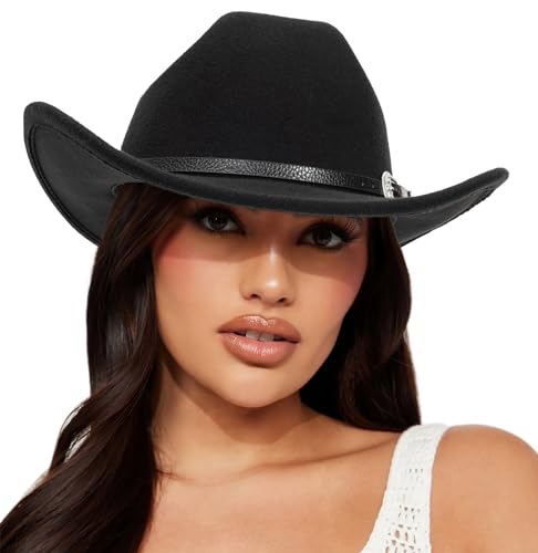 FGSS Womens Western-Cowboy-Hats Classic Felt-Hats - Rodeo Wide-Brim-Cowgirl Jazz-Hat with Buckle Belt(Lagre) Black - Image 1