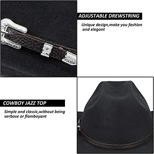 FGSS Womens Western-Cowboy-Hats Classic Felt-Hats - Rodeo Wide-Brim-Cowgirl Jazz-Hat with Buckle Belt(Lagre) Black - Image 3