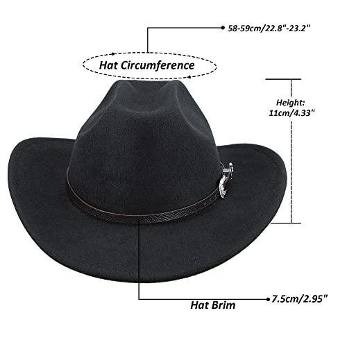 FGSS Womens Western-Cowboy-Hats Classic Felt-Hats - Rodeo Wide-Brim-Cowgirl Jazz-Hat with Buckle Belt(Lagre) Black - Image 2