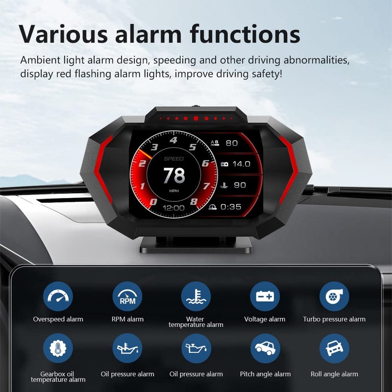 MAIMEIMI OBD2 Heads Up Display for Car, OBD2 & GPS Speedometer Dual System HUD Digital Speedometer MPH with Car Inclinometer, RPM Meter, Water Temp, Volt, Mileage, Overspeed Alarm - Image 3