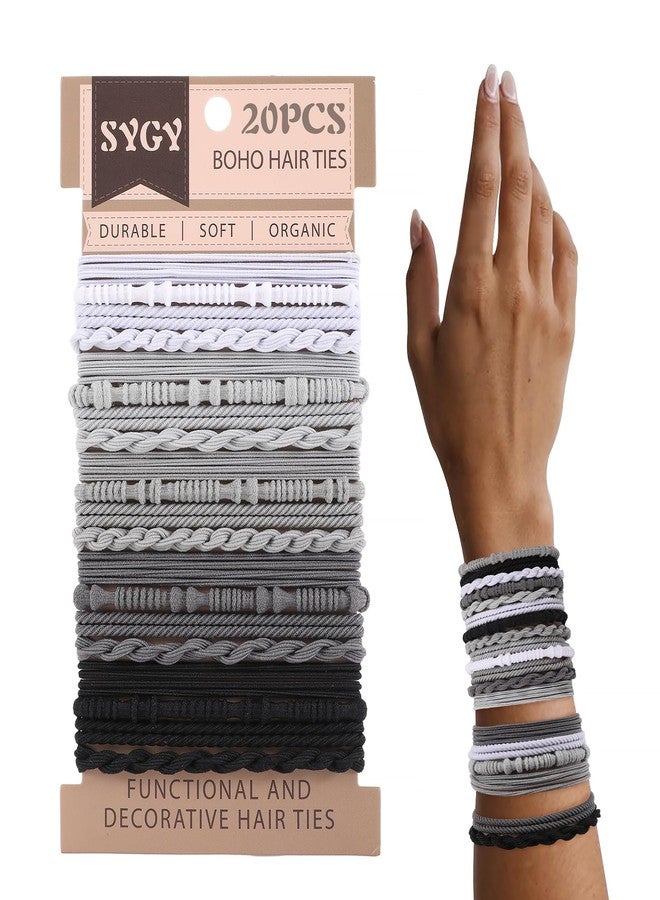 SYGY 20 PCS Boho Hair Ties, Grey Bracelets Hair Ties for Thick or Thin Hair, 4 Styles Boho Ties for Ponytail Holders, 2.36’’ Hair Ties No-Damage - Image 1