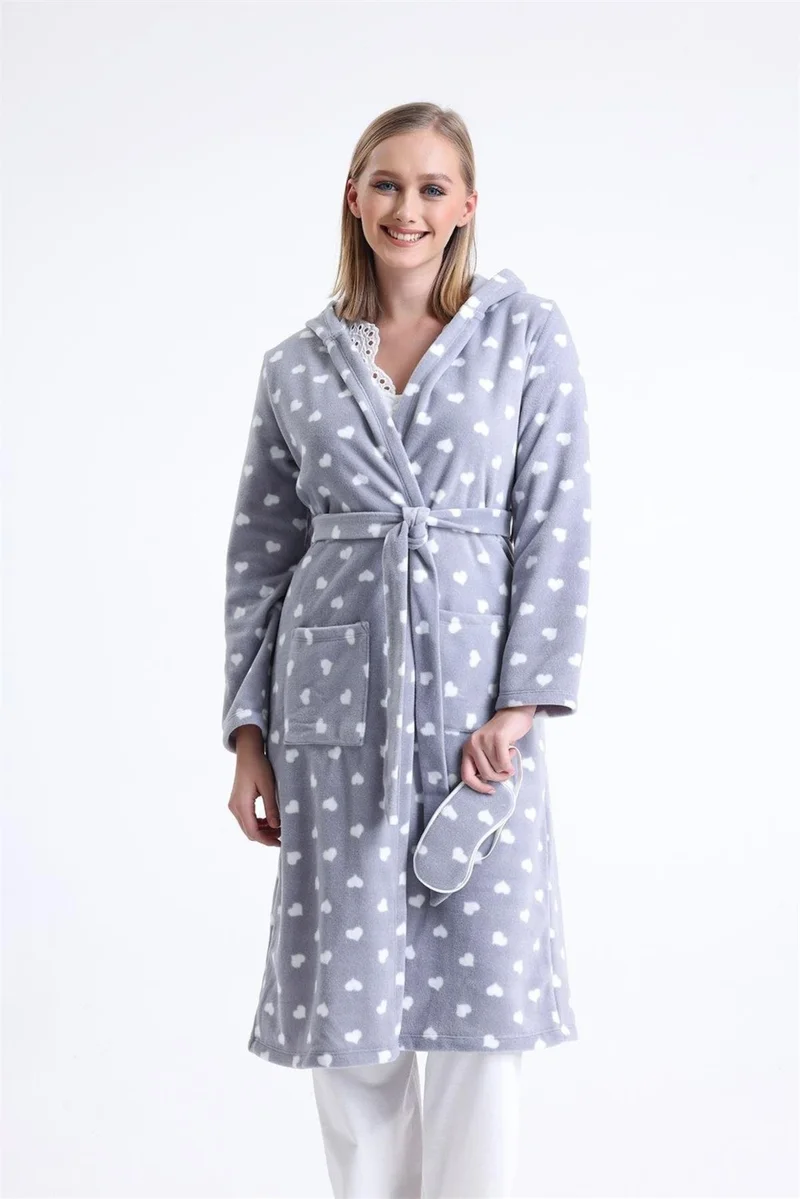 Magic Form 32456 Women's Polar Fleece Hooded Long Dressing Gown (Eye Patch Gift) - Gray