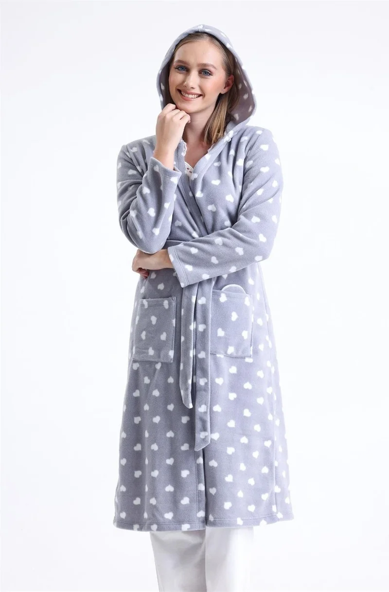 Magic Form 32456 Women's Polar Fleece Hooded Long Dressing Gown (Eye Patch Gift) - Gray