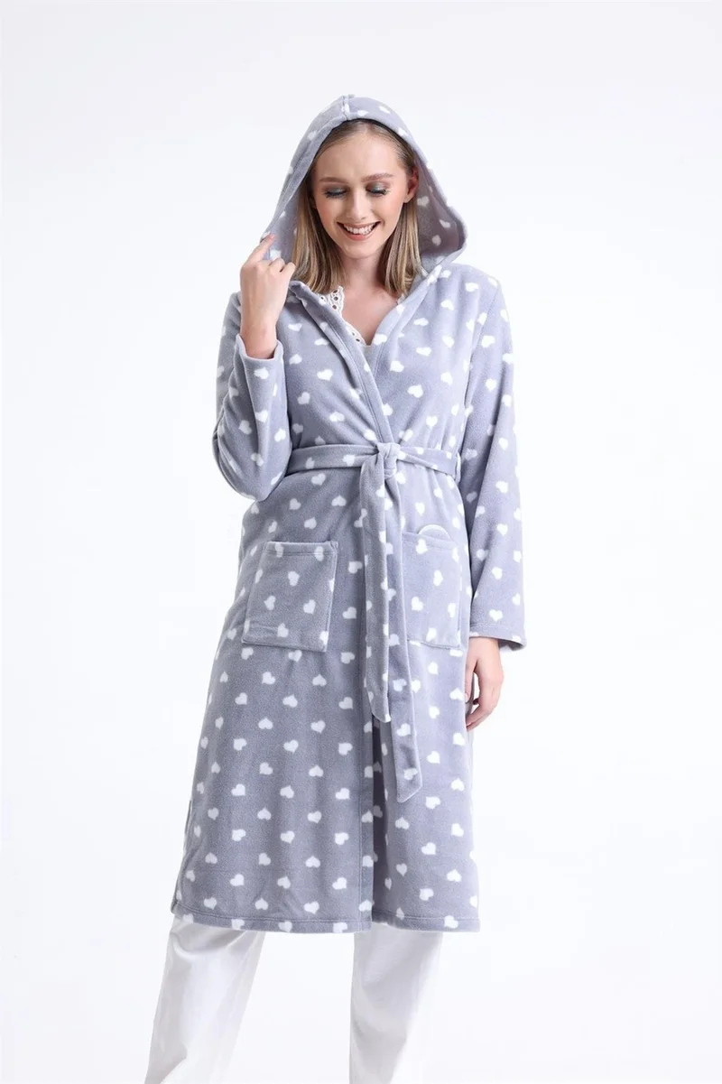 Magic Form 32456 Women's Polar Fleece Hooded Long Dressing Gown (Eye Patch Gift) - Gray