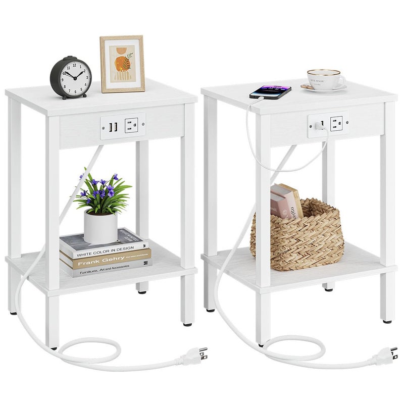 VIMBER Side Table with Charging Station, Set of 2 End Tables with USB Port and Outlets, Nightstands with 2-Tier Storage Shelves, Sofa Table for Small Space, Living Room, Bedroom, White UTBT102W2 - Image 1
