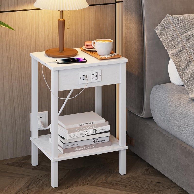 VIMBER Side Table with Charging Station, Set of 2 End Tables with USB Port and Outlets, Nightstands with 2-Tier Storage Shelves, Sofa Table for Small Space, Living Room, Bedroom, White UTBT102W2 - Image 4