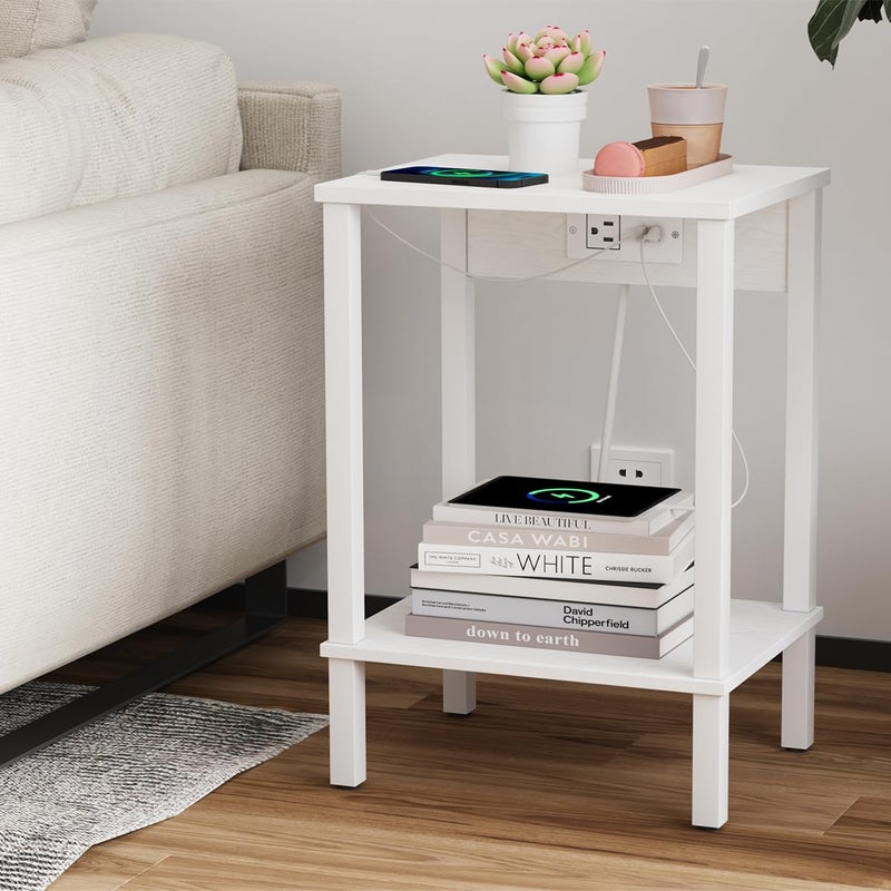 VIMBER Side Table with Charging Station, Set of 2 End Tables with USB Port and Outlets, Nightstands with 2-Tier Storage Shelves, Sofa Table for Small Space, Living Room, Bedroom, White UTBT102W2 - Image 3