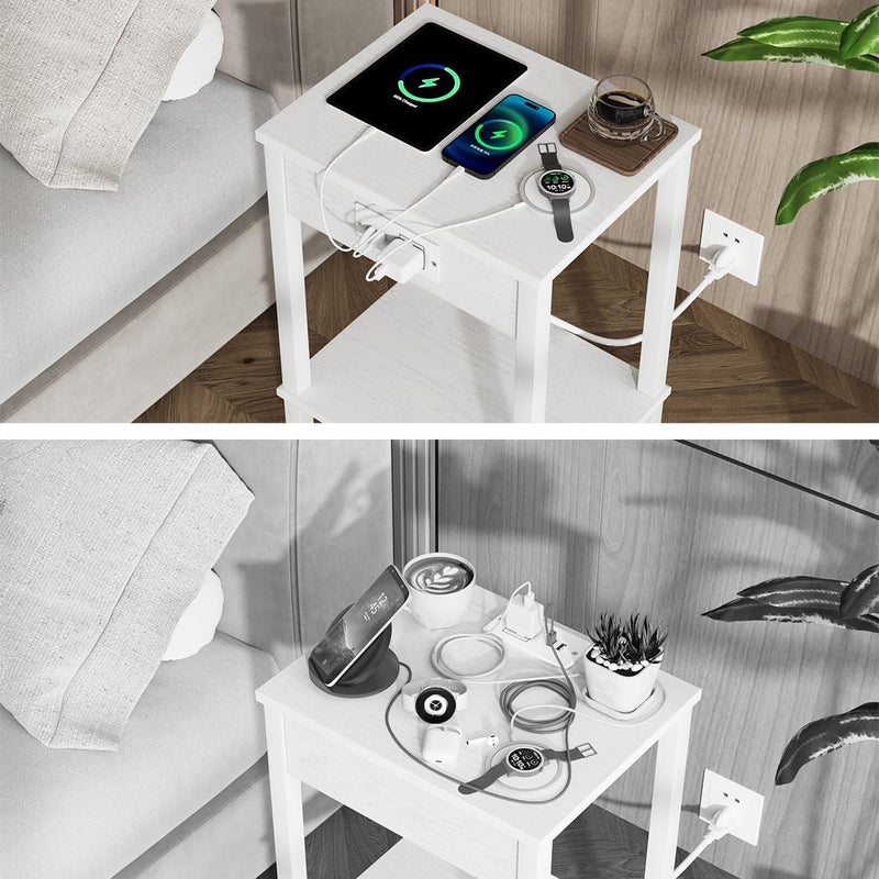 VIMBER Side Table with Charging Station, Set of 2 End Tables with USB Port and Outlets, Nightstands with 2-Tier Storage Shelves, Sofa Table for Small Space, Living Room, Bedroom, White UTBT102W2 - Image 5