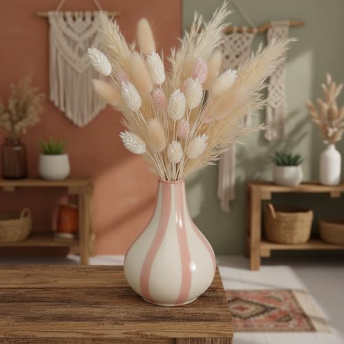 PUREZENTO Pink & White Striped 'Tulip Bud' Ceramic Vase 6 Inch (Pack of 1) | Unique Modern Bud Vase for Dried Flowers & Pampas Grass | Vases for Modern Home Decor, Living Room & Office Decor Ideas - Image 1