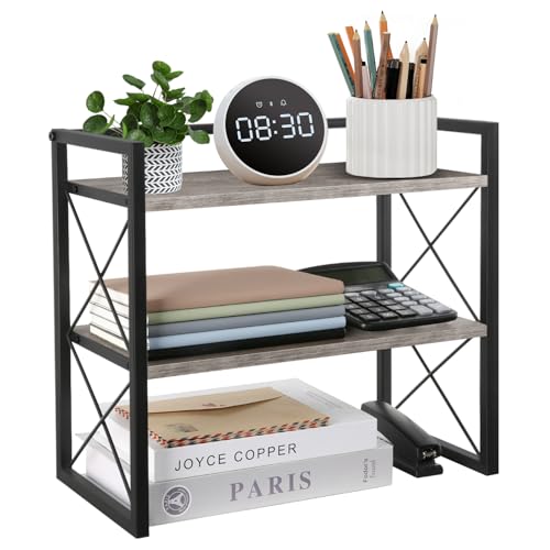 YINMIT Desktop Shelf Organizer 2 Tier Office Shelves Wood Desk Organizer Storage Rack and Freestanding Display Shelf for Office Dormitory Home Grey - Image 1