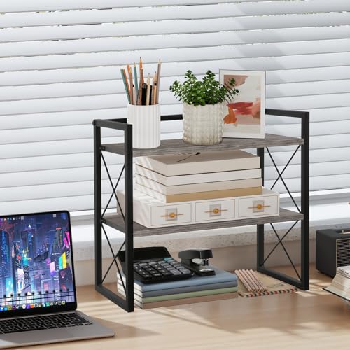 YINMIT Desktop Shelf Organizer 2 Tier Office Shelves Wood Desk Organizer Storage Rack and Freestanding Display Shelf for Office Dormitory Home Grey - Image 3