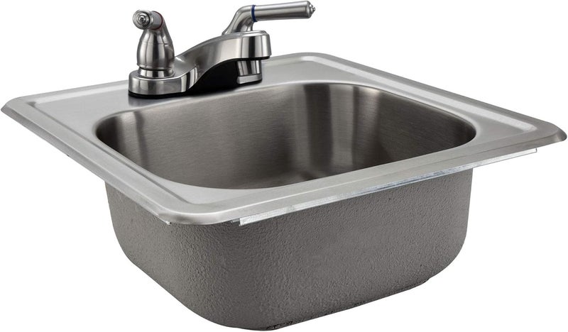 RecPro RV Stainless Steel Sink 15" x 15" Top Mount | Camper Sink | RV Kitchen Sink (Yes Faucet Included) - Image 1