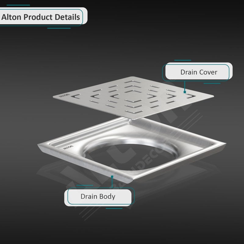 ALTON ALD1002, SS-304 Grade, 5x5 INCH Plain, Bathroom Grating Square Floor Drain Jali, Matte - Image 3