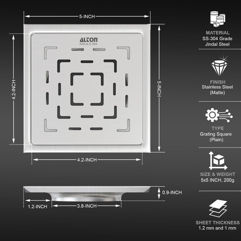 ALTON ALD1002, SS-304 Grade, 5x5 INCH Plain, Bathroom Grating Square Floor Drain Jali, Matte - Image 2