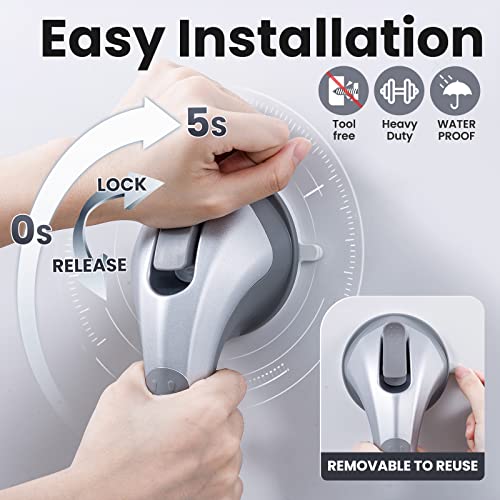 LEVERLOC Grab Bars for Bathtubs and Showers, Shower Handle 17 Inch Strong Suction Bath Handrails, Safety Grip for Bathroom Chair, Bathroom Grab Bar for Senior No Drilling Waterproof,Silver - Image 3