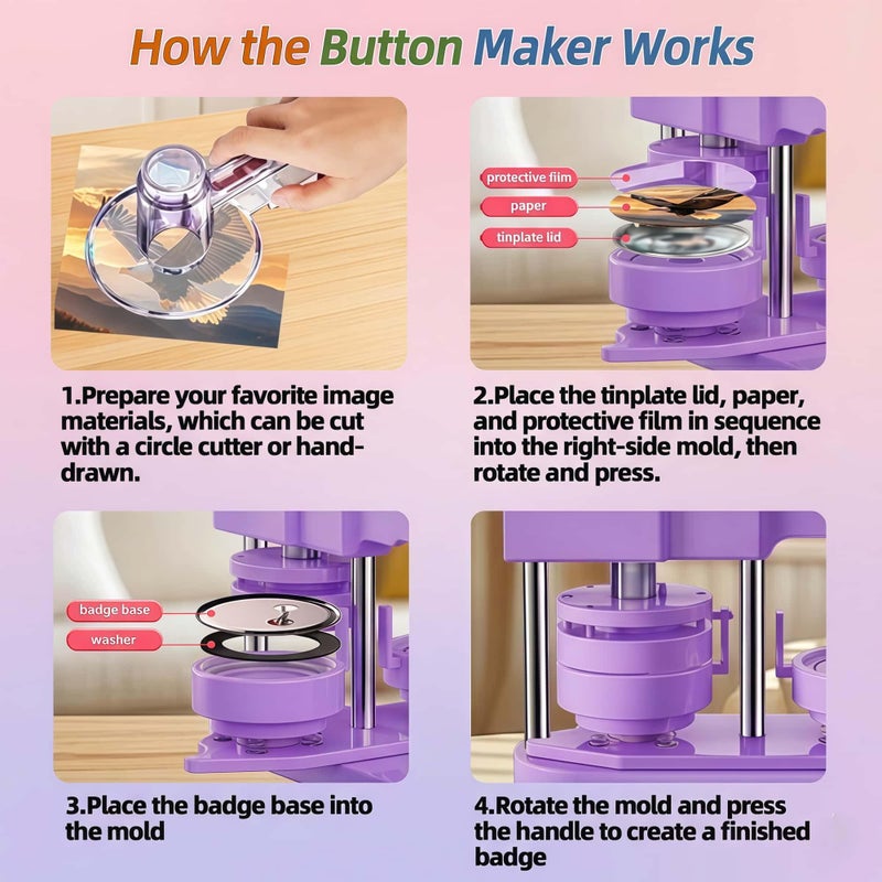 Freeingbag 58mm Button Maker Machine Kit, Installation-Free Button Pin Maker & Pin Maker Machine with 100 Sets Supplies, Circle Cutter & Bonus DIY Accessories for Badges, Crafts & School Projects - Image 2
