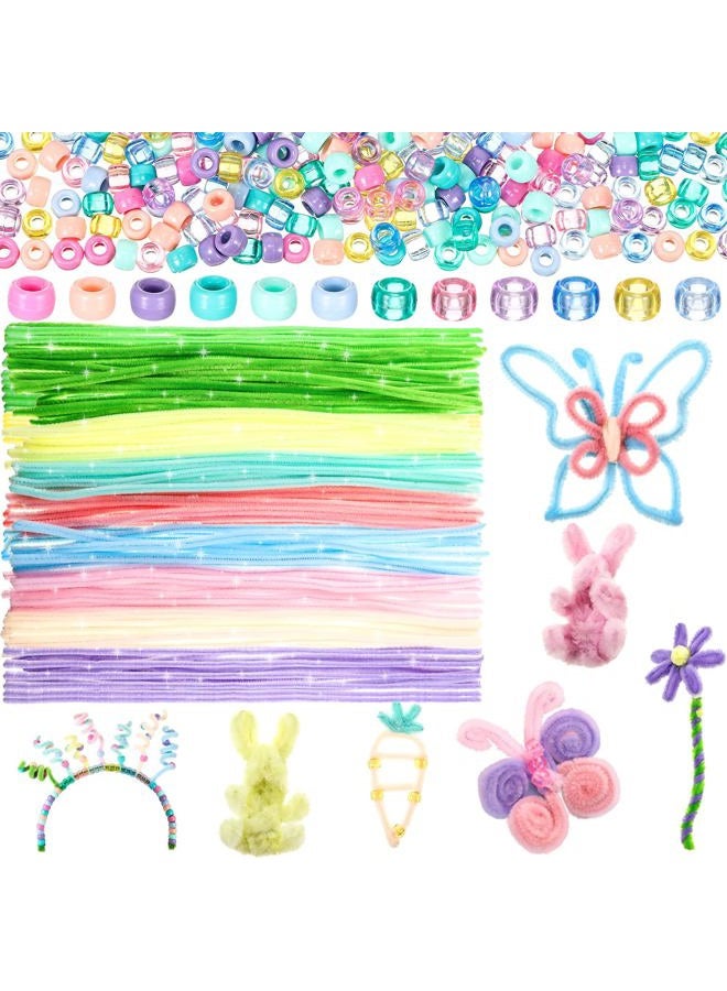 Daifunli 1200 Pcs Easter Pastel Color Pony Beads Bulk with 120 Pcs 12 Inch Multi Colored Pipe Cleaners Chenille Stems Fuzzy Sticks Seed Beads for Bracelets Jewelry Making Easter Christmas Decorations - Image 1