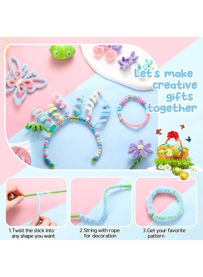 Daifunli 1200 Pcs Easter Pastel Color Pony Beads Bulk with 120 Pcs 12 Inch Multi Colored Pipe Cleaners Chenille Stems Fuzzy Sticks Seed Beads for Bracelets Jewelry Making Easter Christmas Decorations - Image 5
