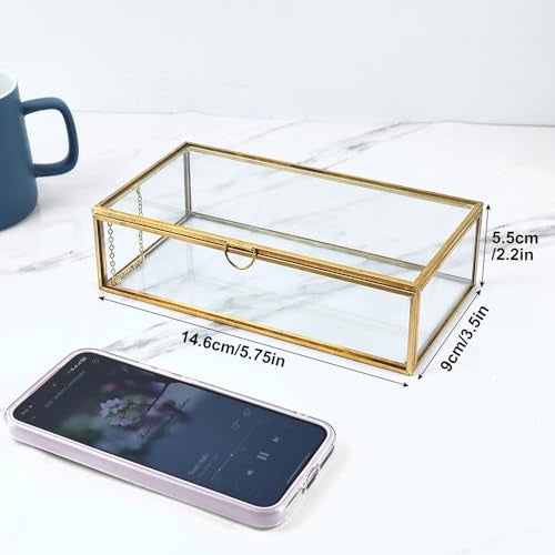 HighFree Vintage Glass Box with Lid - Clear Jewelry Glass Display Box Keepsake Box - Home Decor Decorative Box for Trinket Rings Bracelet (Gold, Medium) - Image 2