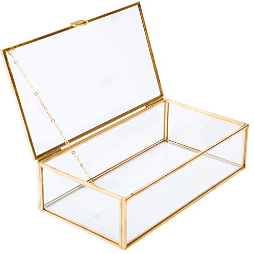 HighFree Vintage Glass Box with Lid - Clear Jewelry Glass Display Box Keepsake Box - Home Decor Decorative Box for Trinket Rings Bracelet (Gold, Medium) - Image 1