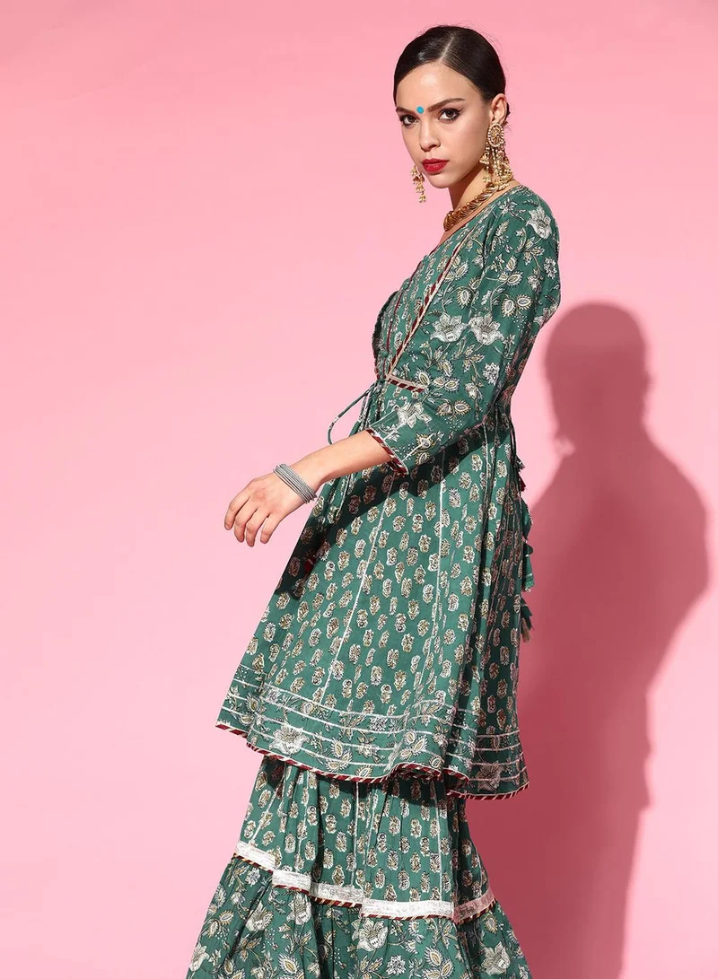 ISHIN  Women Green Floral Embroidered Regular Gotta Patti Pure Cotton Kurta With Sharara & With Dupatta for Women | Best Price UAE
