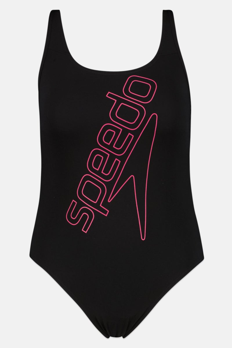 speedo Women Brand Logo One Piece Swimsuit, Black/Pink  - Image 1
