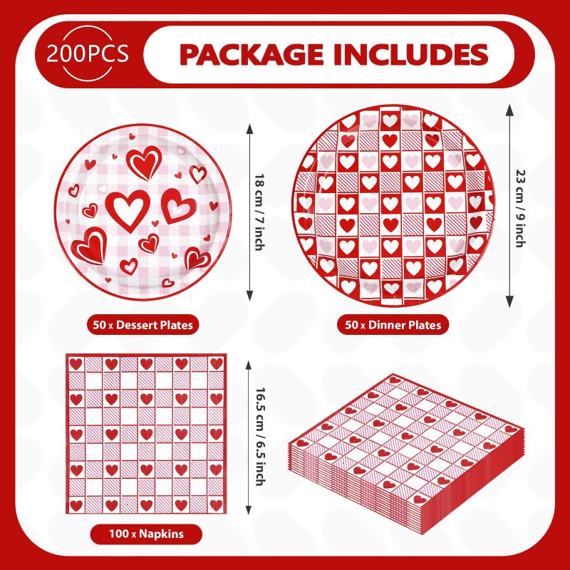 Greencian 200Pcs Valentine's Day Decorations Happy Valentine Plates and Napkins Red Checkered Love Hearts Decorations for Valentines Day Romantic Wedding Anniversary Engagements Party Supplies Serves 50 - Image 5