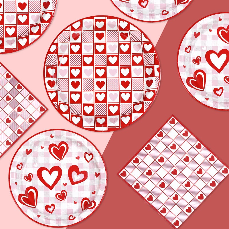 Greencian 200Pcs Valentine's Day Decorations Happy Valentine Plates and Napkins Red Checkered Love Hearts Decorations for Valentines Day Romantic Wedding Anniversary Engagements Party Supplies Serves 50 - Image 3