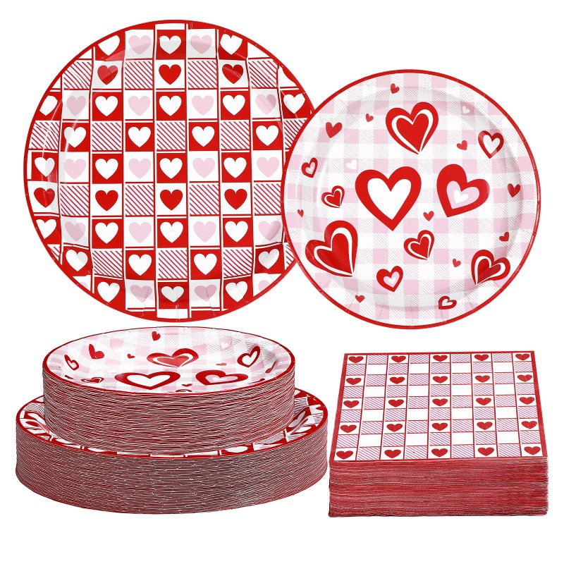 Greencian 200Pcs Valentine's Day Decorations Happy Valentine Plates and Napkins Red Checkered Love Hearts Decorations for Valentines Day Romantic Wedding Anniversary Engagements Party Supplies Serves 50 - Image 2