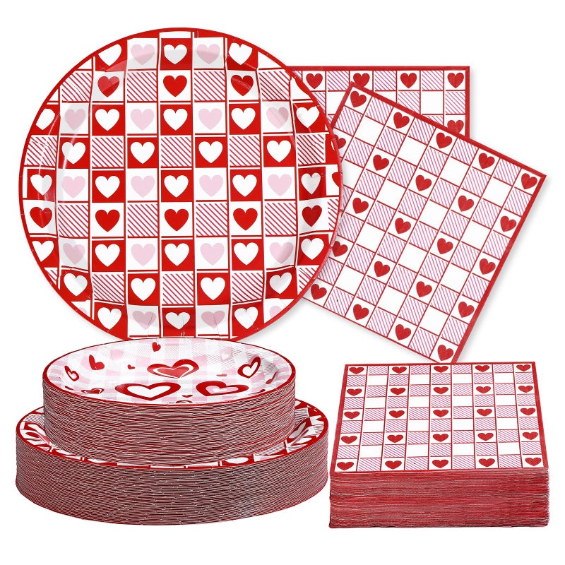 Greencian 200Pcs Valentine's Day Decorations Happy Valentine Plates and Napkins Red Checkered Love Hearts Decorations for Valentines Day Romantic Wedding Anniversary Engagements Party Supplies Serves 50 - Image 1