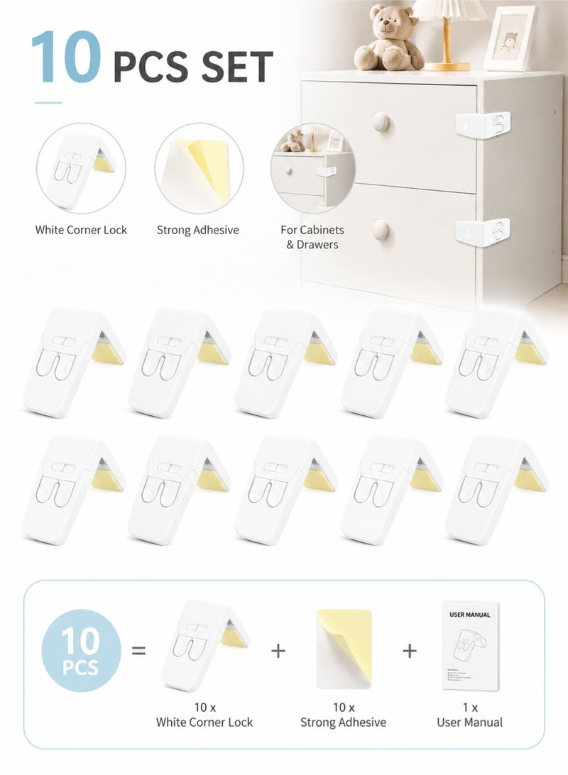 10 Pack Safe Drawer Locks, Baby Proofing Angle Type Drawer Lock, Child Safety Locks for Cabinets, Dual button Baby Proofing Corner Locks with Strong, Adhesive for Cabinet (White) - Image 2