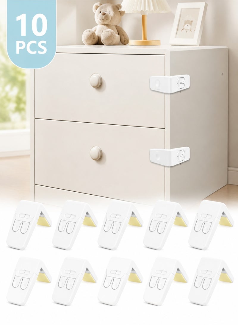 10 Pack Safe Drawer Locks, Baby Proofing Angle Type Drawer Lock, Child Safety Locks for Cabinets, Dual button Baby Proofing Corner Locks with Strong, Adhesive for Cabinet (White) - Image 1