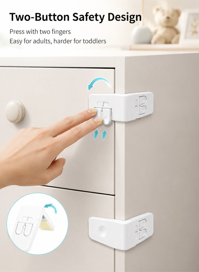 10 Pack Safe Drawer Locks, Baby Proofing Angle Type Drawer Lock, Child Safety Locks for Cabinets, Dual button Baby Proofing Corner Locks with Strong, Adhesive for Cabinet (White) - Image 4