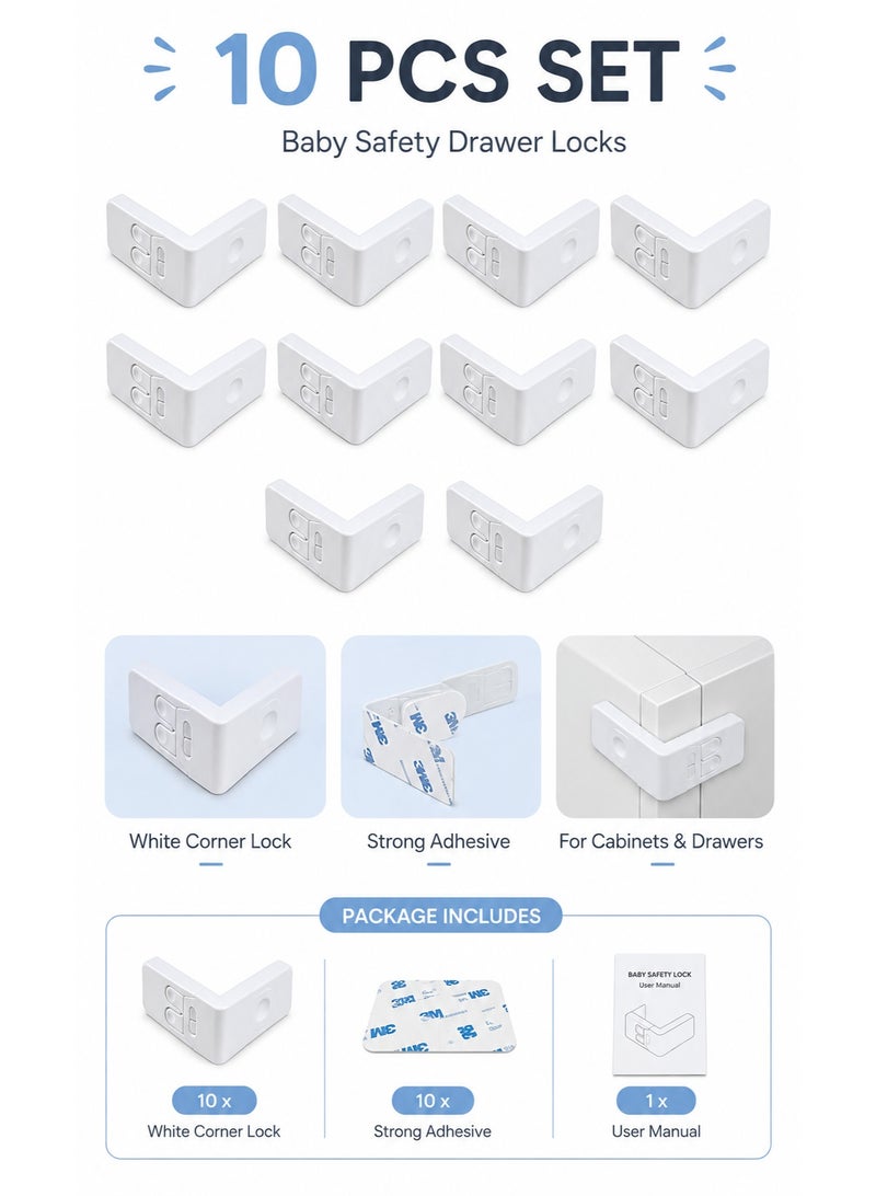 10 Pack Safe Drawer Locks, Baby Proofing Angle Type Drawer Lock, Child Safety Locks for Cabinets, Dual button Baby Proofing Corner Locks with Strong, Adhesive for Cabinet (White) - Image 2