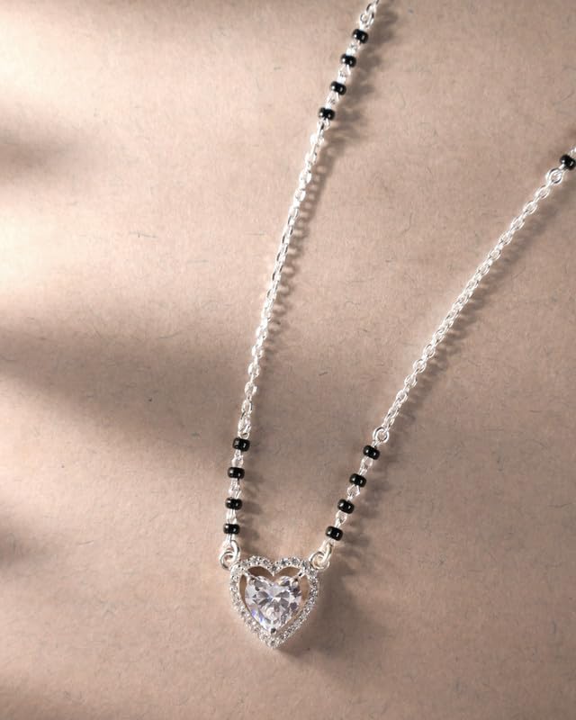 Clara 925 Sterling Silver Shanvika Heart Solitaire Mangalsutra Tanmaniya Pendant With Black Beads Chain | Platinum Plated, Swiss Zirconia | Gift for Women - Image 2