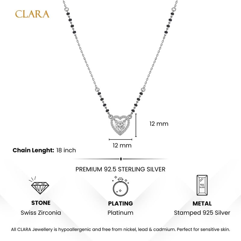 Clara 925 Sterling Silver Shanvika Heart Solitaire Mangalsutra Tanmaniya Pendant With Black Beads Chain | Platinum Plated, Swiss Zirconia | Gift for Women - Image 5