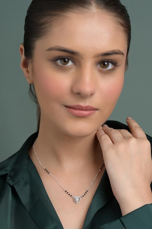 Clara 925 Sterling Silver Shanvika Heart Solitaire Mangalsutra Tanmaniya Pendant With Black Beads Chain | Platinum Plated, Swiss Zirconia | Gift for Women - Image 3