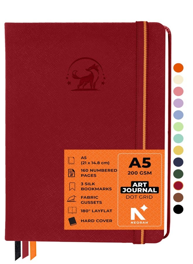 NEORAH – A5 – ART JOURNAL | 200Gsm Dotgrid Notebook |160 Pages(21.0 x 14.8 cm) | Lay Flat |Hard Cover Bullet - Journal | 3 Bookmarks |Elastic Closure | Inner BackPocket | Ideal- Artist Notebook (RED) - Image 1
