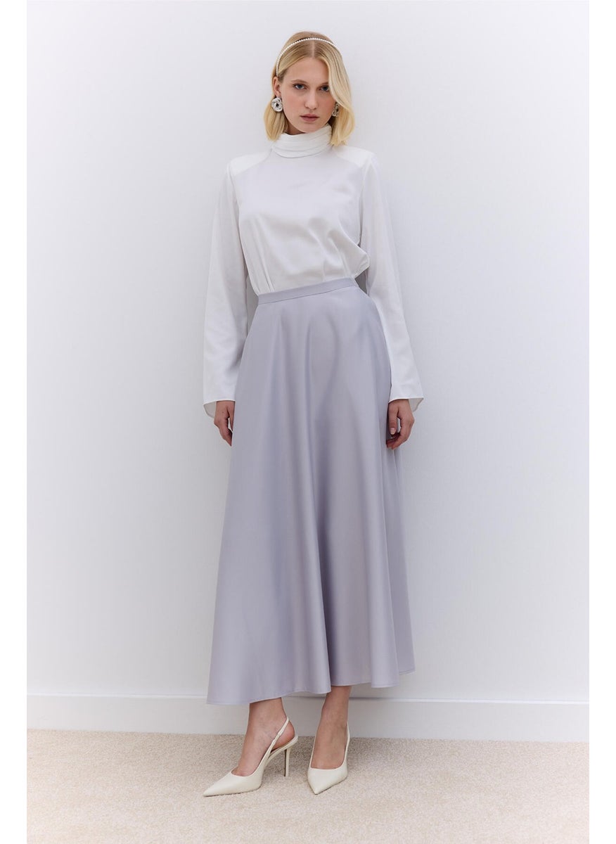 Manuka - Satin Flared Evening Skirt Silver - Image 1