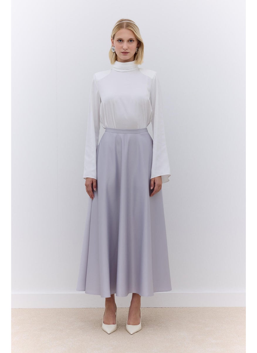 Manuka - Satin Flared Evening Skirt Silver - Image 1