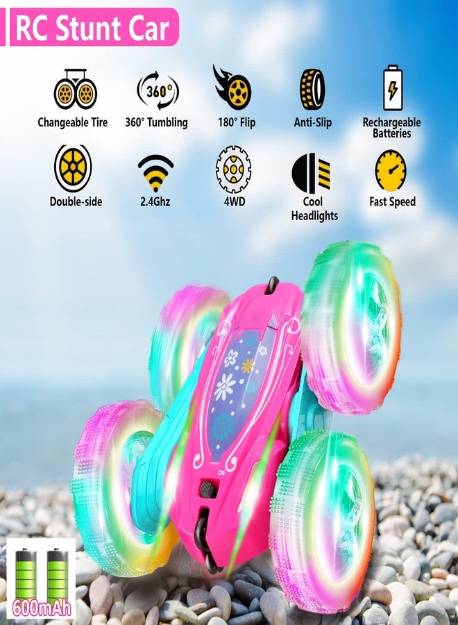 FREE TO FLY Remote Control Car for Girls : Pink RC Car Double Sided 360°Flip Stunt Cars with Headlights & WheelLights Rechargeable Toy Car Birthday Gifts for Girl Kids Age 6 7 8 9 10 11 12 Year Old - Image 2
