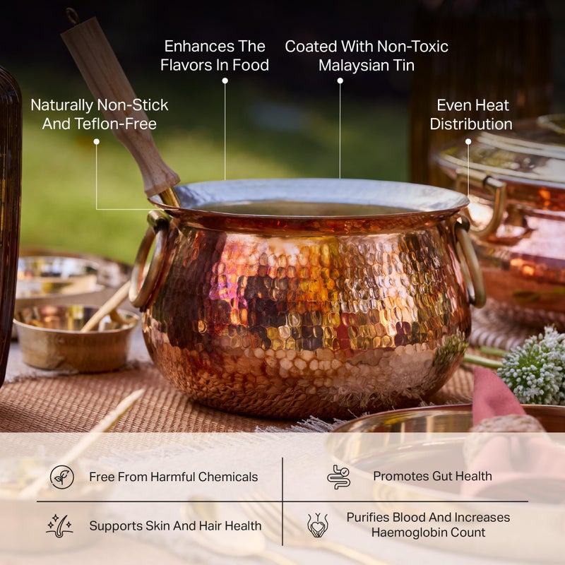 P-TAL Copper Madurai Handi Tin Coated with Lid 100% Pure Copper Degchi Teflon/Chemical Free Cooking 4kgs Biryani Handi for Kitchen - Image 3